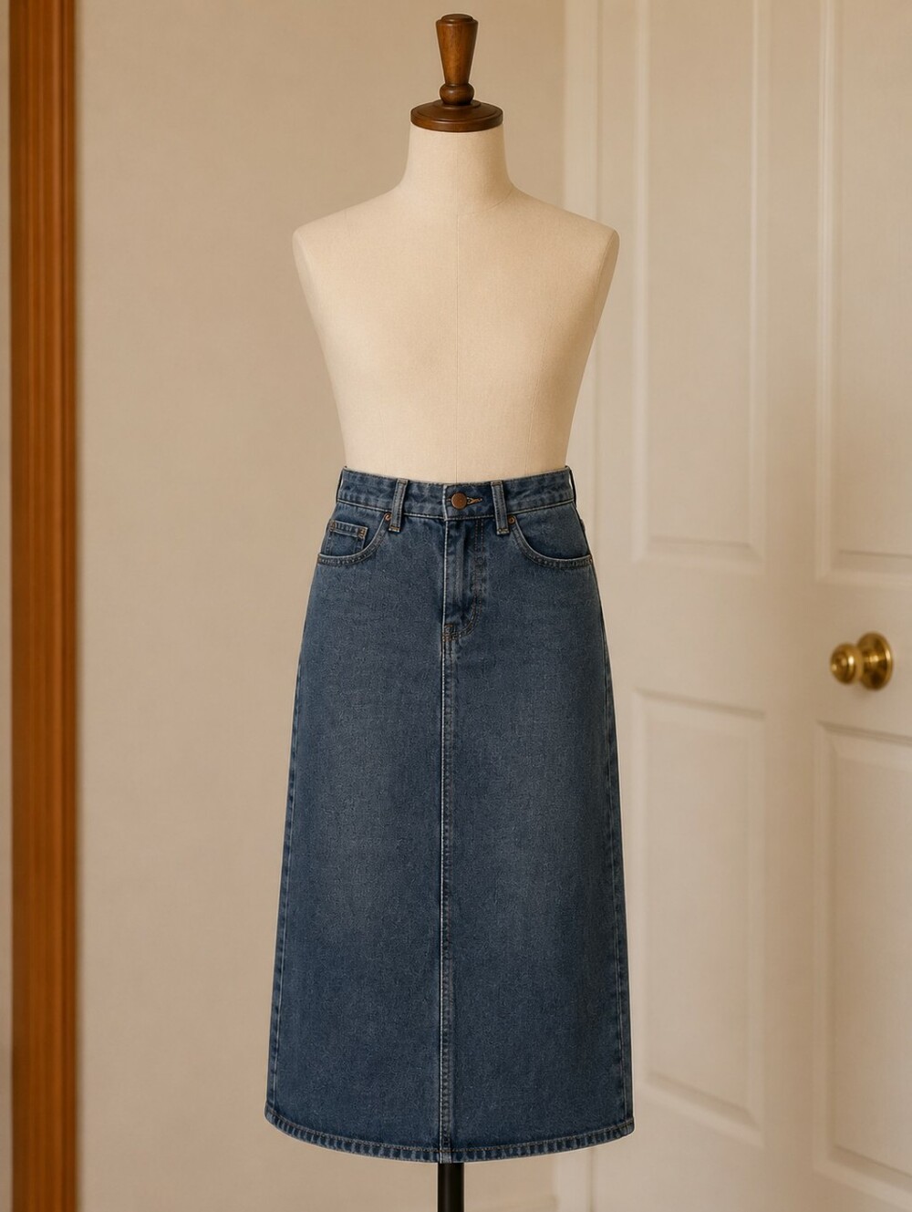 Classic Mid-Blue Denim Midi Skirt